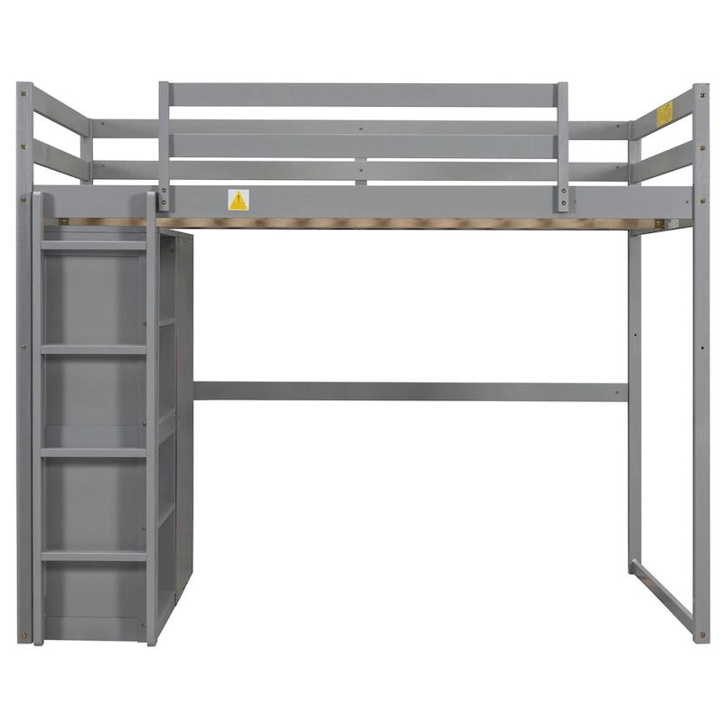 Gray Full Size Wood Loft Bed with Built-in Wardrobe and Shelves, LED Light