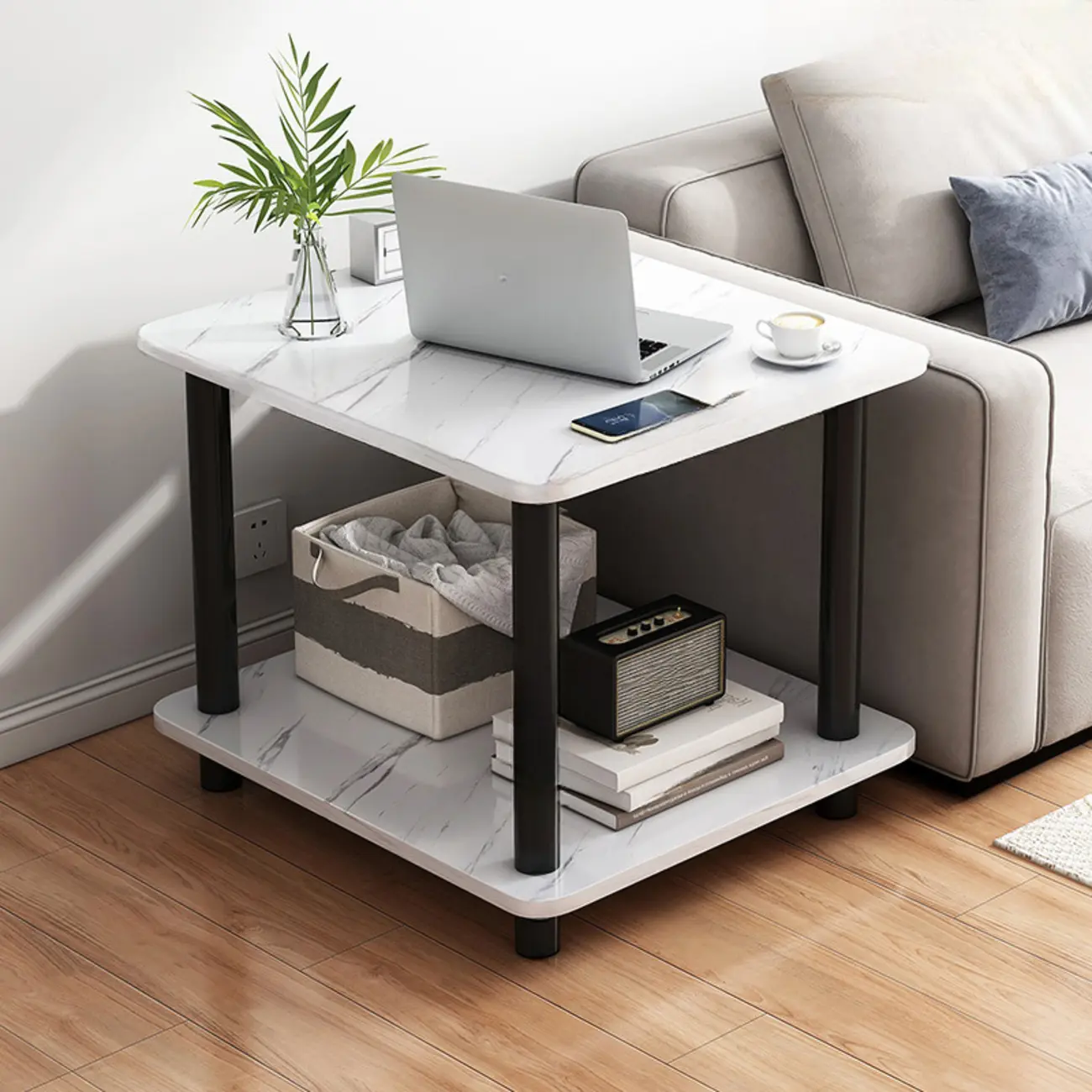 Square White Wood Side Table with Shelf