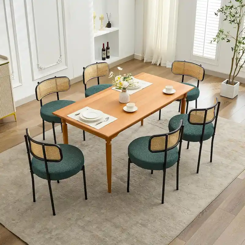 XINMICS Mid-Century Modern Dining Chairs, Boucle Upholstered Metal Side Chair with Rattan Cane Back, Set of 2 - set of 2