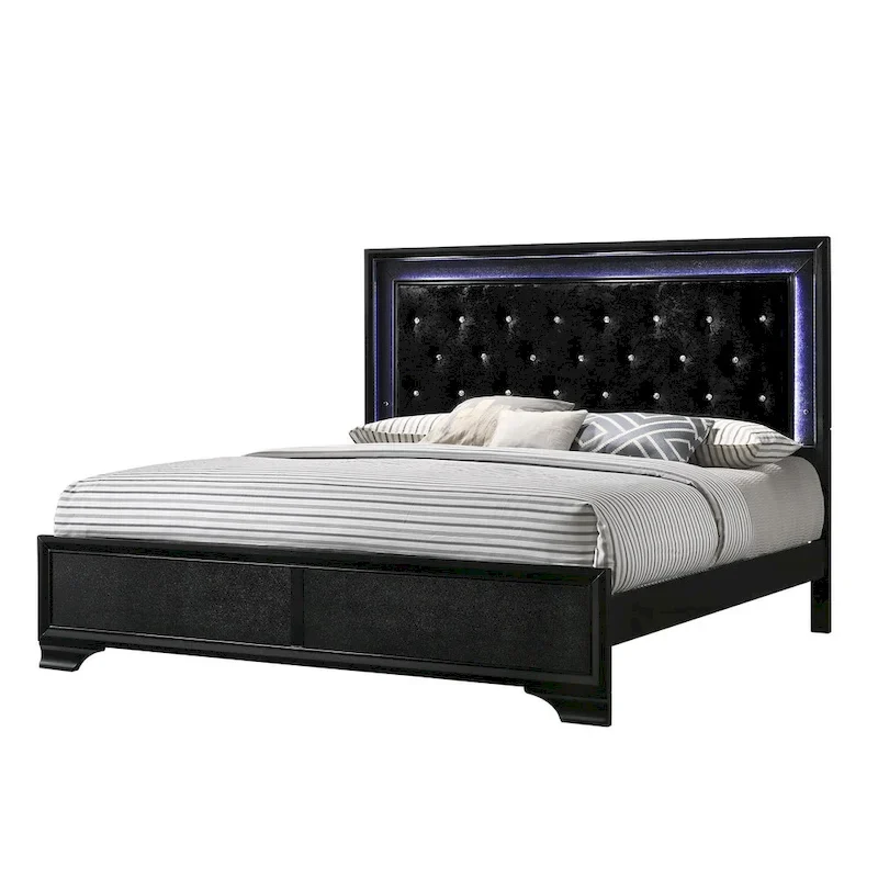 4-Piece Black LED Fabric Tufted Panel Bedroom Furniture Set