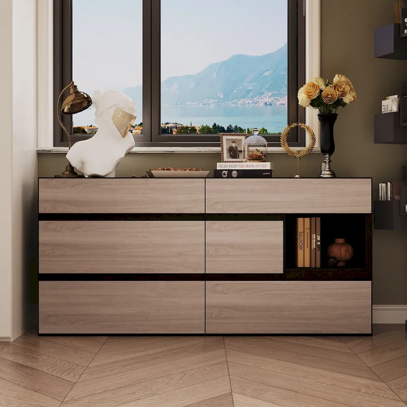 Dresser Sideboard with Wood Grain Drawers and Black Cabinet Wide Organizer for Hallway, Office, or Closet