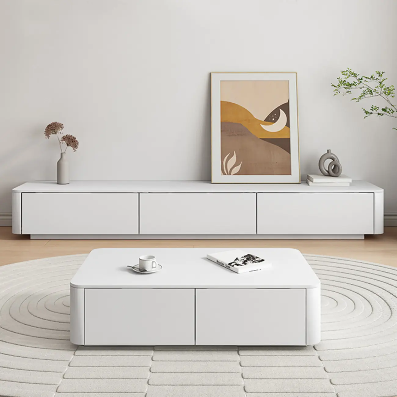 Modern White Wooden Long TV Stand with Drawers