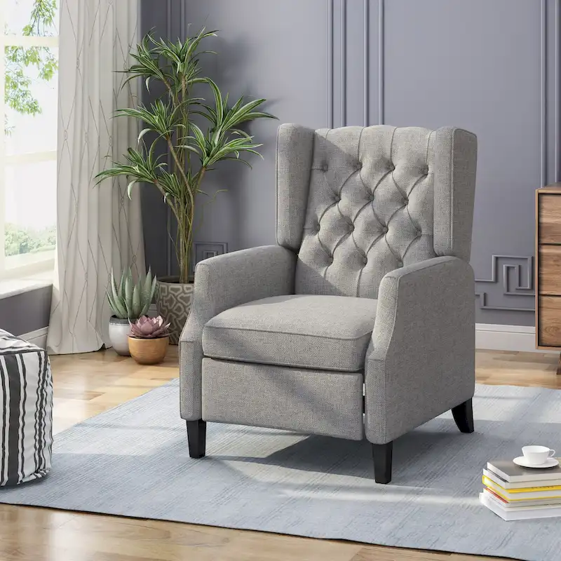 Grey Fabric Mid-Century Upholstered Wingback Push-Back Recliner with Footrest and Button-tufted Backrest