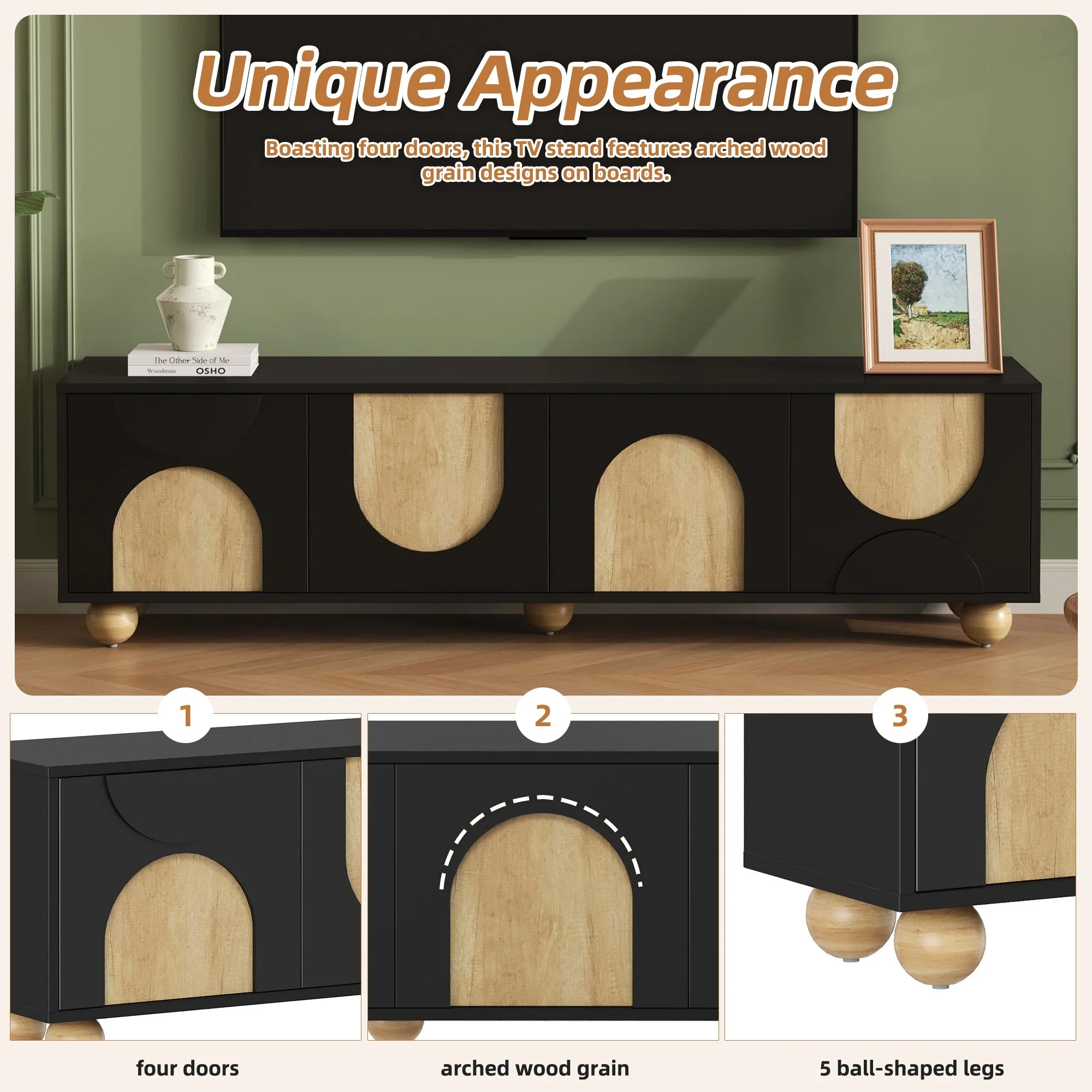 Modern Curve Shape Two Tone 69.6' TV Stand with Ball Feet Detail