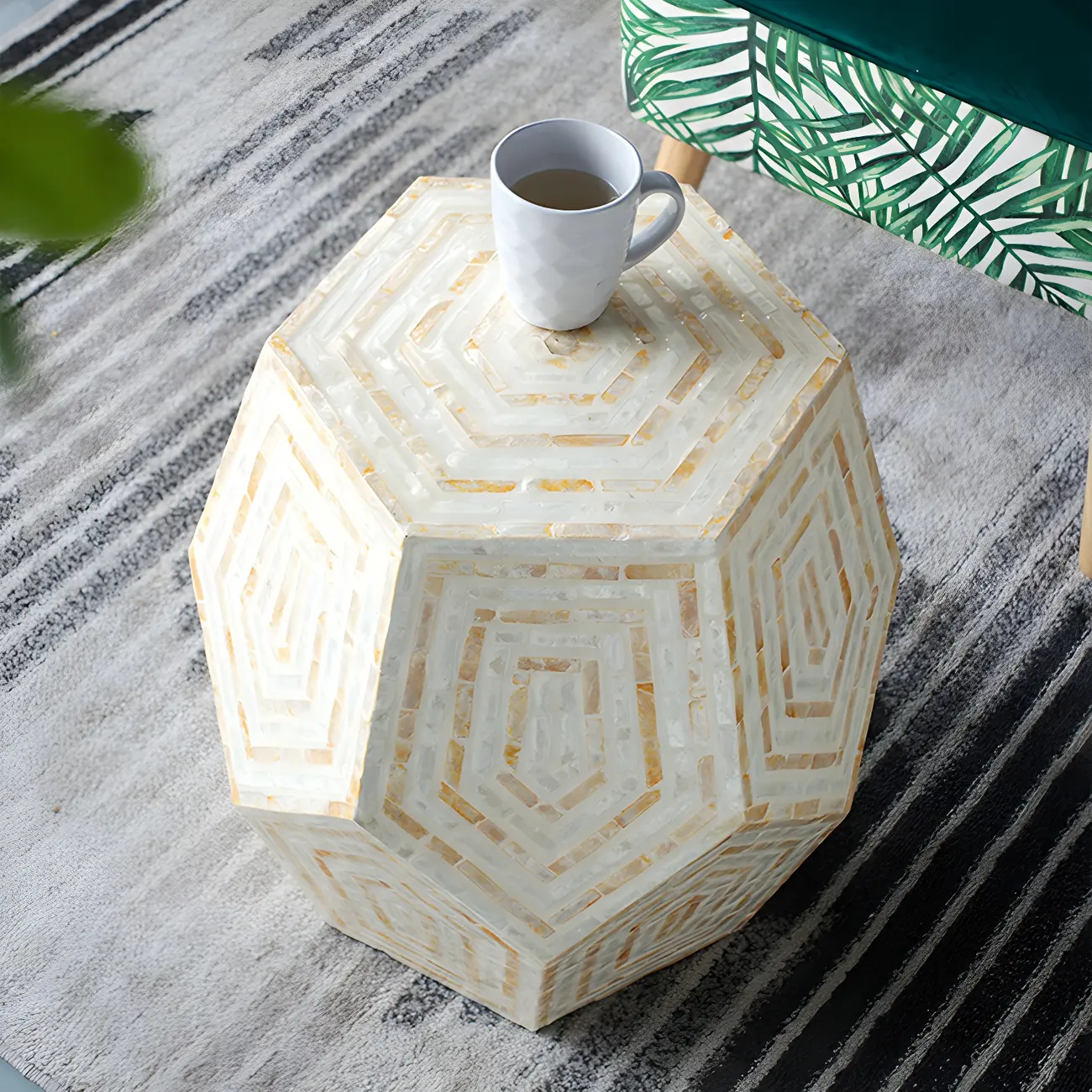 Tropical Mosaic Wooden Round Side Table