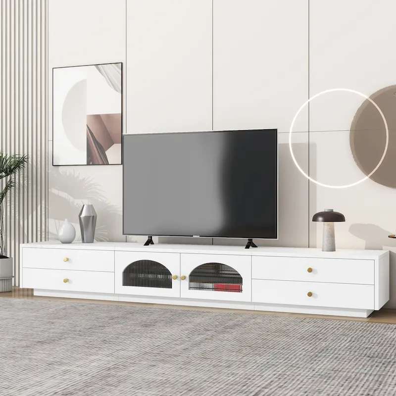 86-inch Luxurious TV Stand Media Console Fluted Glass Doors & Four Drawers - 15.70 x 86.60 x 12.80