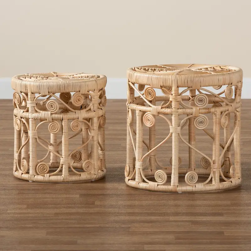 Bowie Modern Bohemian Natural Brown Rattan 2-Piece Nesting End Table Set