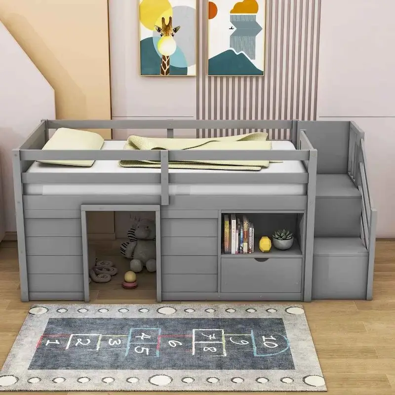 Solid Wood Low Loft Bed With Drawer and Stair,Twin Szie