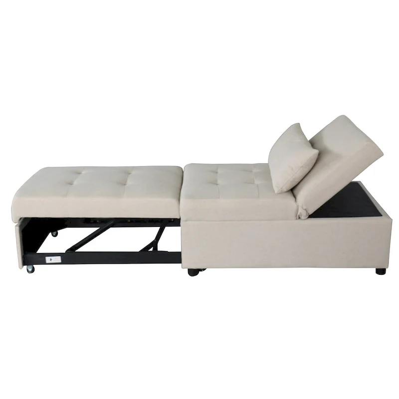 Beige Single Folding Ottoman Sofa Bed with Adjustable Back