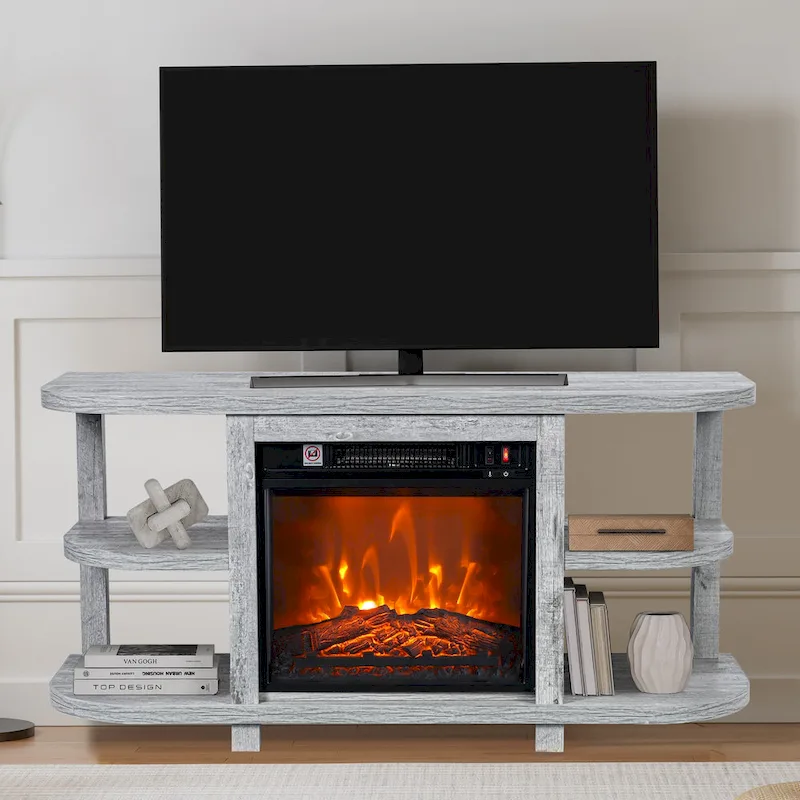 48 Modern Light Gray Fireplace TV Stands Console Table with Open Storage Shelves