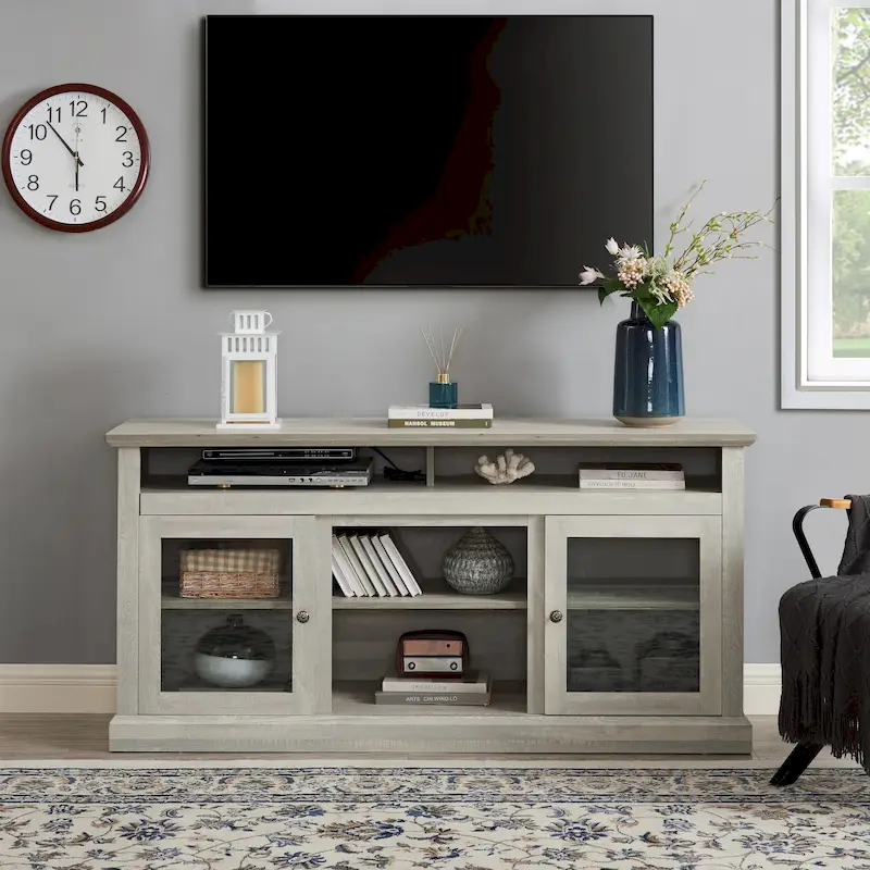 Stone Gray 60  TV Stand with Cable Management, Glass Doors, and Adjustable Shelves for TVs Up to 65