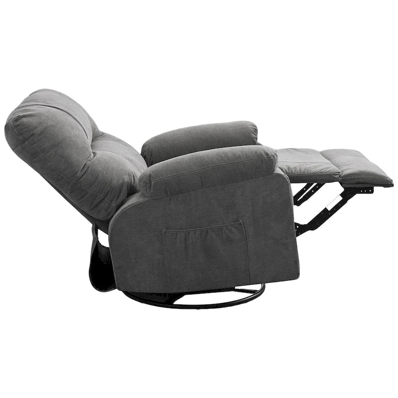 360 Swivel Manual Recliner Single Sofa Chair Fabric Lounge Chair with Pull Out Footrest and Side Pockets