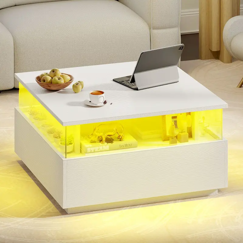 Moasis Modern Square Coffee Table with Drawers & LED Light, Acrylic and Wood Center Table
