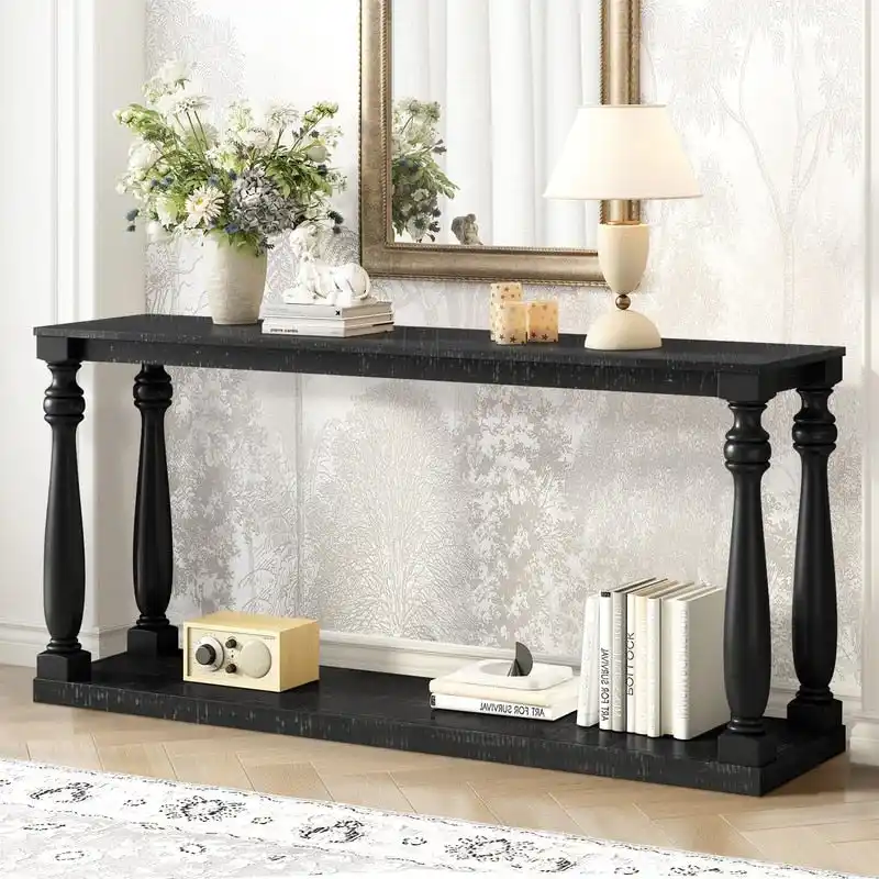 Vintage 63  Long Console Table with Bottom Shelf and Solid Wood Legs for Entryway and Hallway Decor