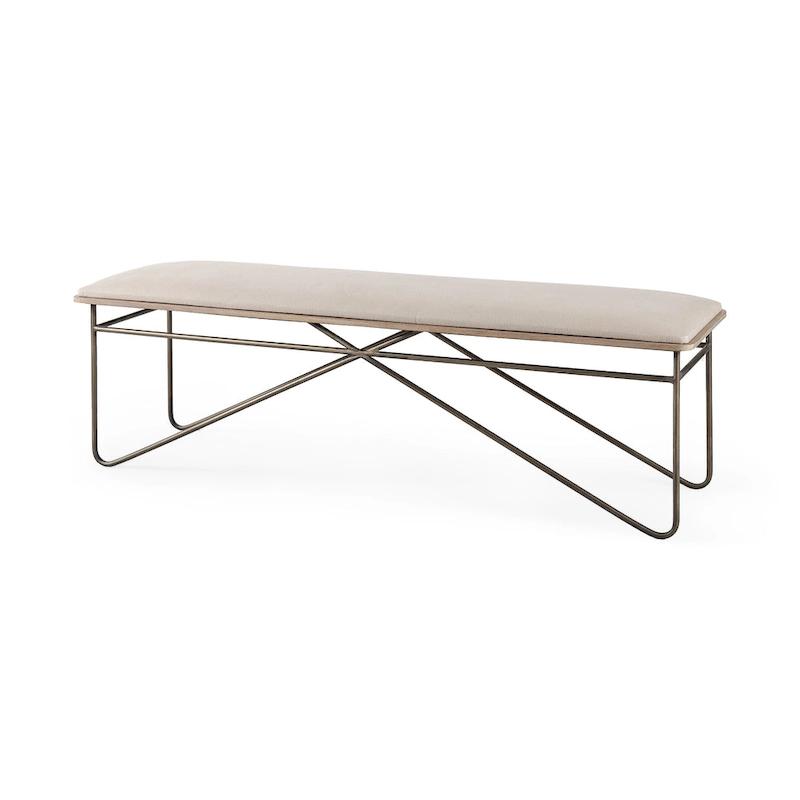 Camille Cream Fabric Seat w/ Dark Metal Frame Bench - 55.5W x 16D x 17H