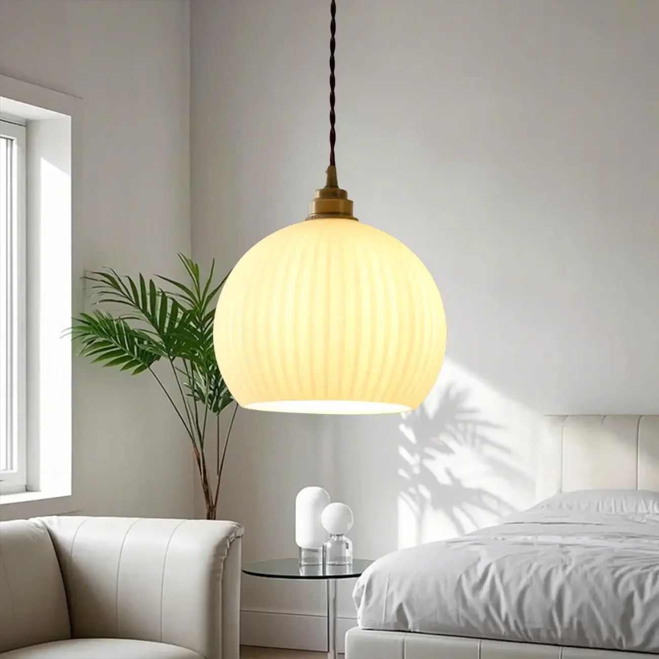 Minimalist White Glass Lantern LED Pendant Lamp for Living Room