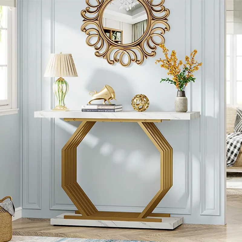 39.37 Gold Console Table, Modern White Marble Sofa Table with Geometric Metal Base