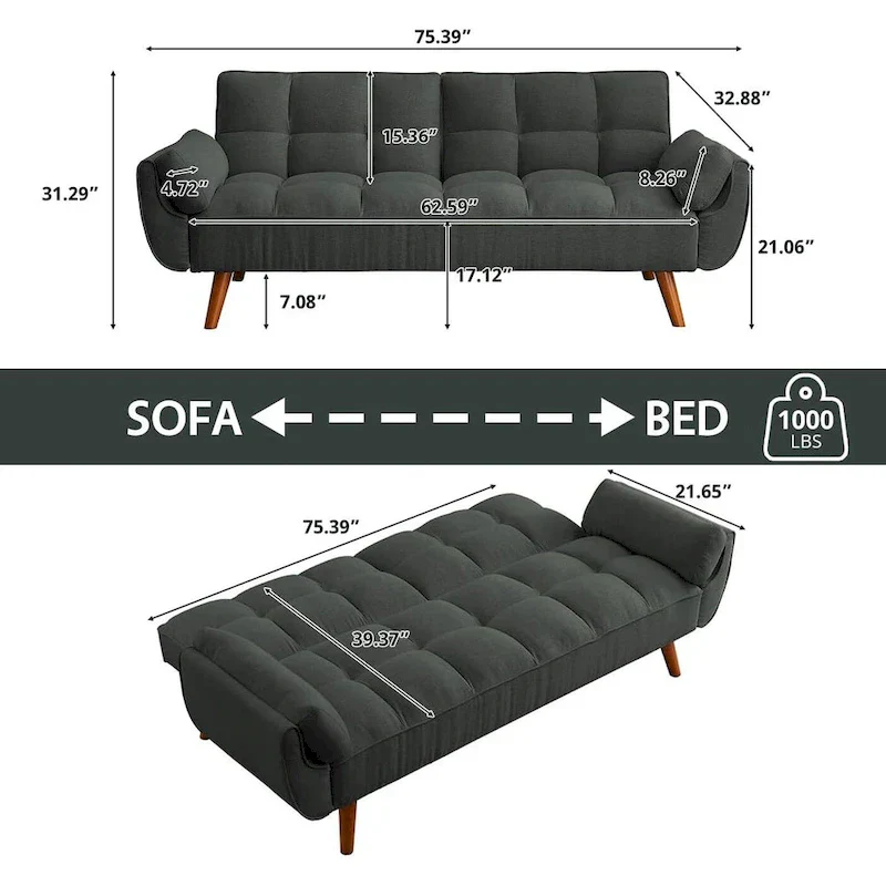 75.39 IN. Futon Sofa Bed, Convertible Upholstered Couch Sleeper with Reclining Sleeper Split Tufted Back