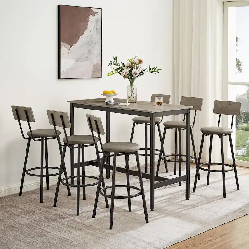 Rustic Style 7-Piece Dining Set with Rectangular Table and PU Leather Bar Chairs
