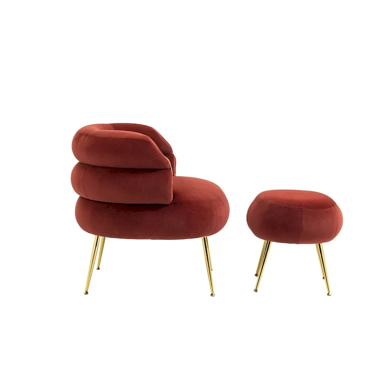 Wine Red Upholstered Barrel Chair with Ottoman and Metal Legs