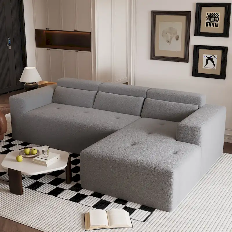 Christopher Knight Home - 109 Modern Modular Sectional Sofa, Teddy Fabric L-Shaped Couch with Chaise & Pillows