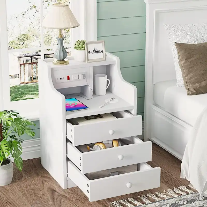 Nightstand 3 Drawers Charging Station End Side Table Bedroom