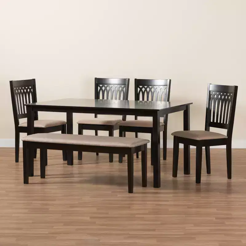 Modern Fabric & Wood Dining Set for 6 – 4 Chairs + Bench + Table