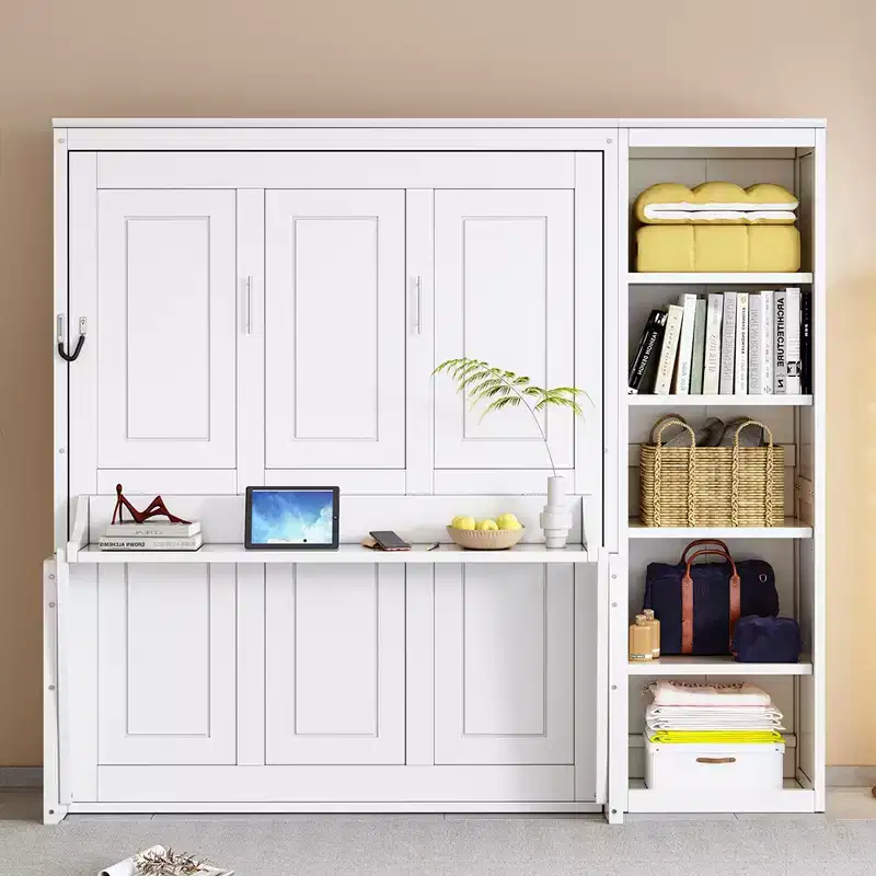 GDFStudio Ruby Space-Saving Solid Pine Wood Murphy Bed with Desk and Bookshelf