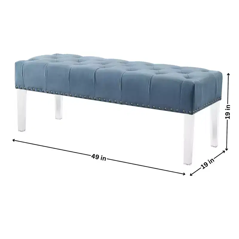 Roundhill Furniture Valley Button tufted Velvet Upholstered Bench With Acrylic Leg, Blue