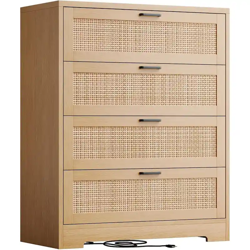 Wood Rattan 4-Drawer Dresser with Power Outlets (31.49
