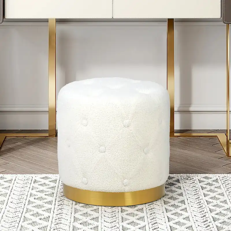 Adeco Round Velvet Ottoman Vanity Footrest Stool Gold Plating Base