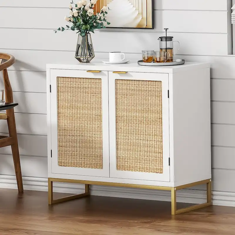 Modern 2-Door White Rattan Buffet Sideboard Wood Kitchen Accent Storage Cabinet