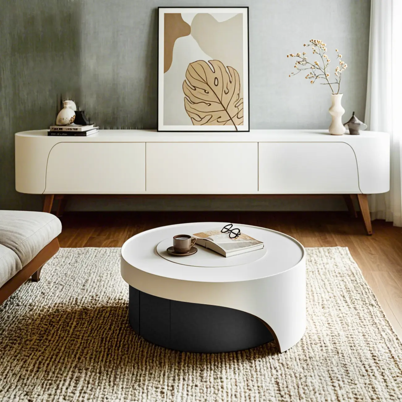 Grey Round Modern Wood Drawer Coffee Table