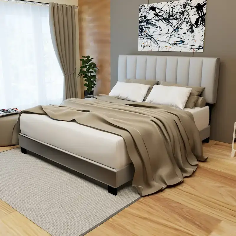 Stone Gray Queen Size Adjustable Upholstered Bed Frame, Vintage Style And Clean Line Design, Popular Style