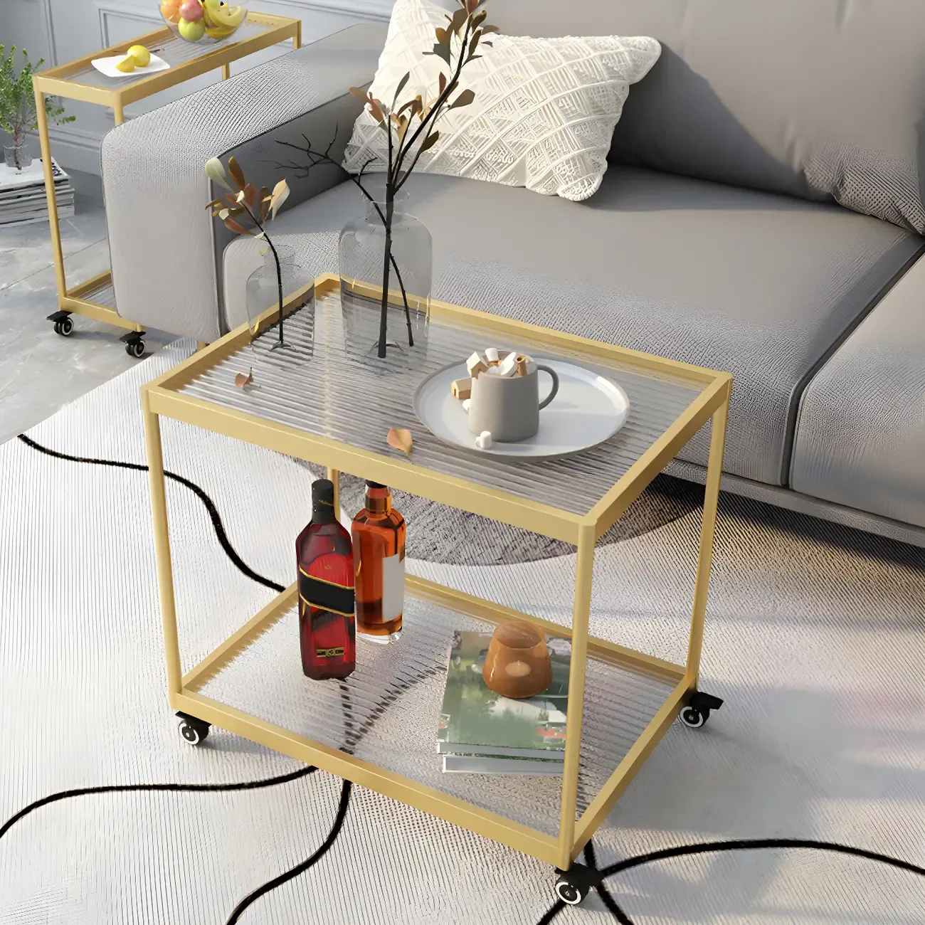 Gold Glass Rectangular Top Shelf Side Table on Wheels