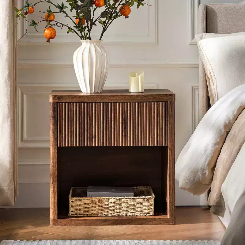 Walnut Brown Modern Nightstand with Drawer, 1-Person