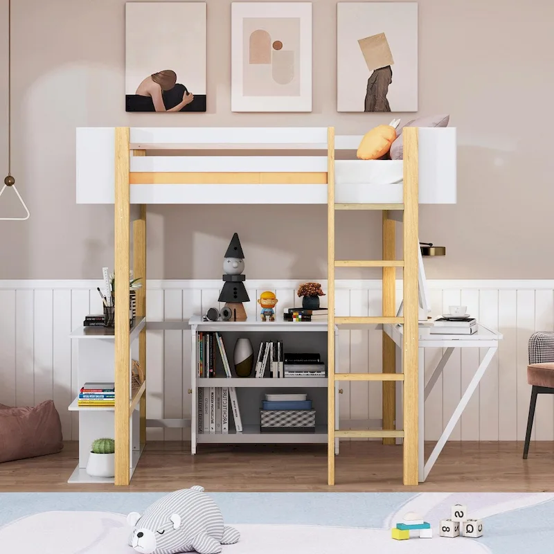 Wood Loft Bed With Built-in Storage Cabinet, Cubes, and Foldable Desk