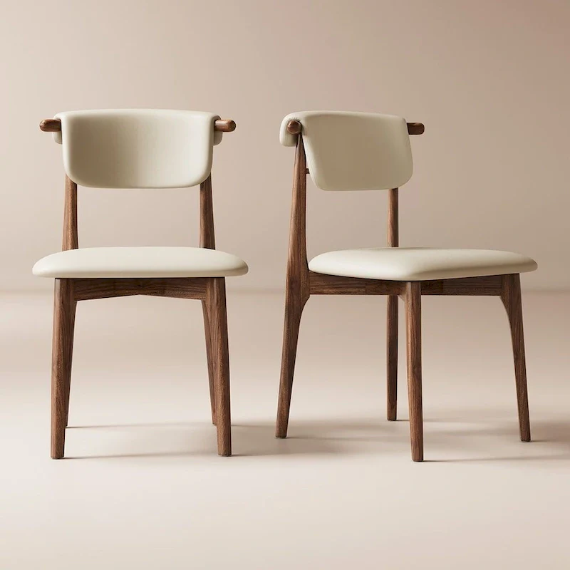 Modern Faux Leather Dining chair, Beige, Solid Wood legs, 2 Pieces