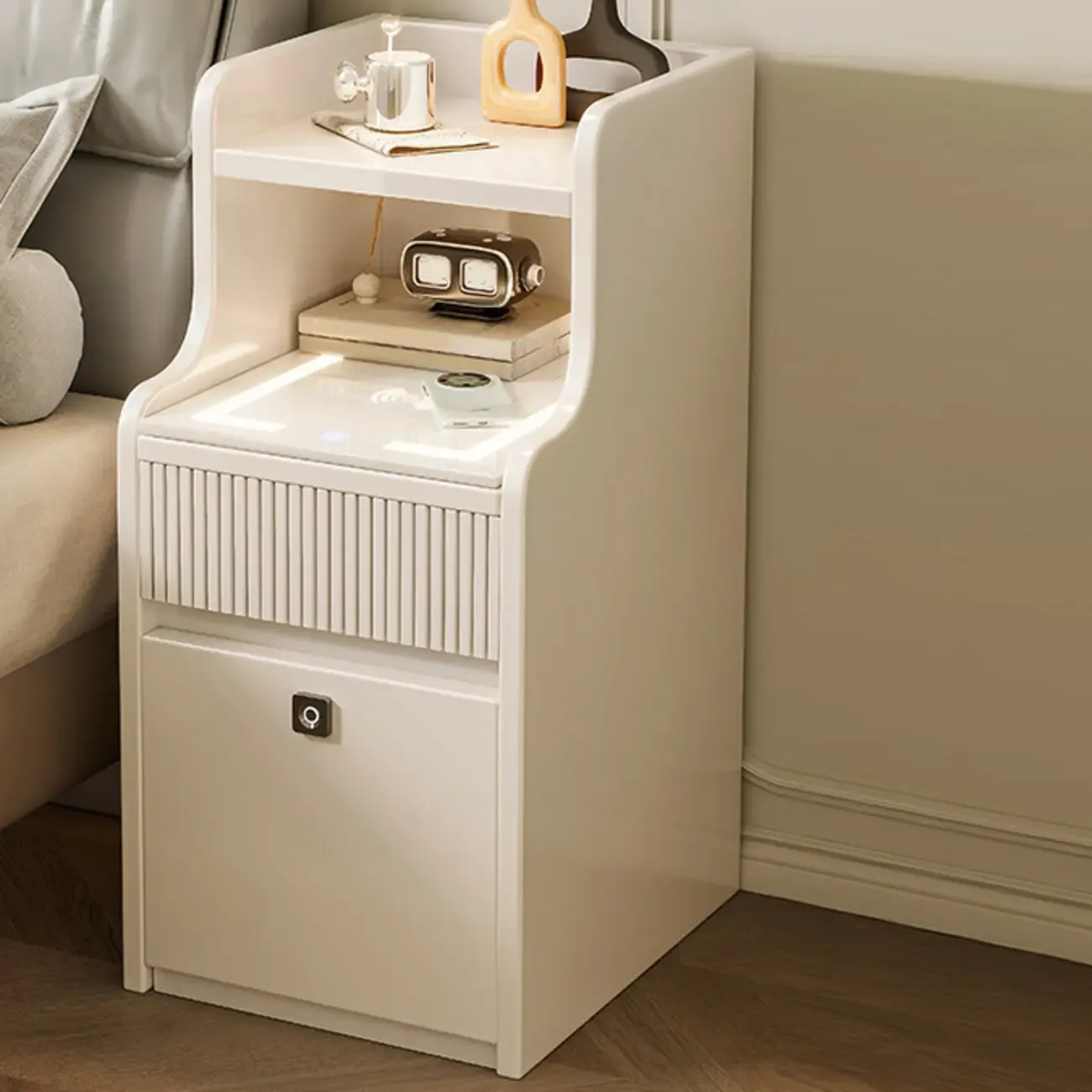 Smart Versatile White Wood Nightstand with Fingerprint Lock