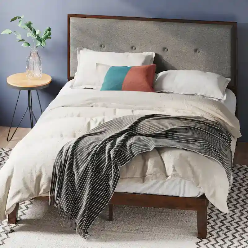 Priage by ZINUS Brown Wood Platform Bed Frame with Adjustable Upholstered Headboard