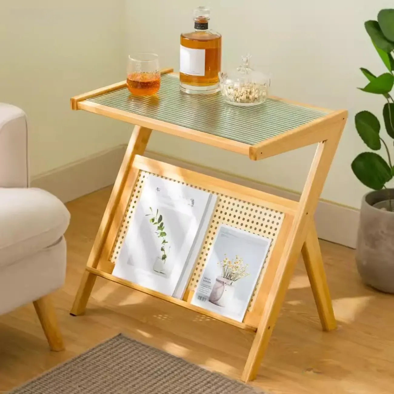 Glass and Wood Modern Foldable End Table with Rack