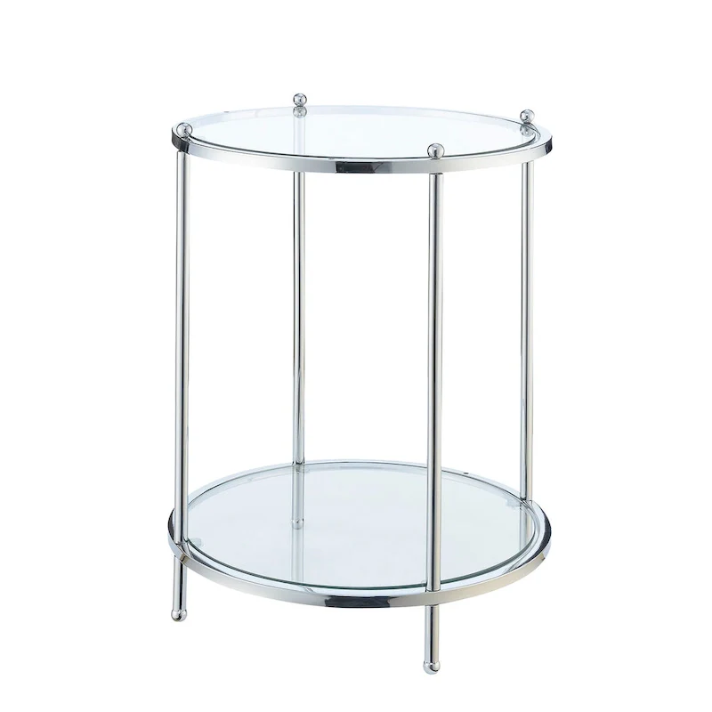 2-Tier Round Tempered Glass End Table, Chrome/Gold Frame, 18
