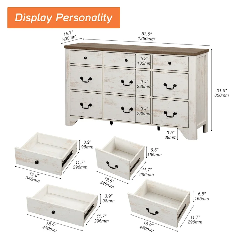 53.5 Wide Farmhouse White Dresser TV Stand with Curved Edge Design and Wide Chests of Drawers