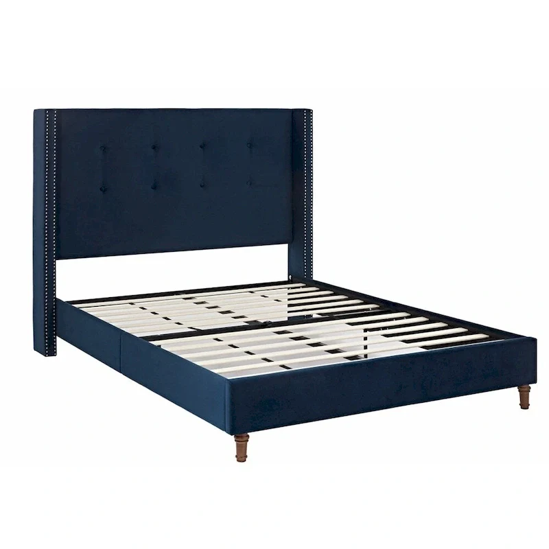 Velvet Upholstered Queen Bed - Wingback with Nailhead Trim