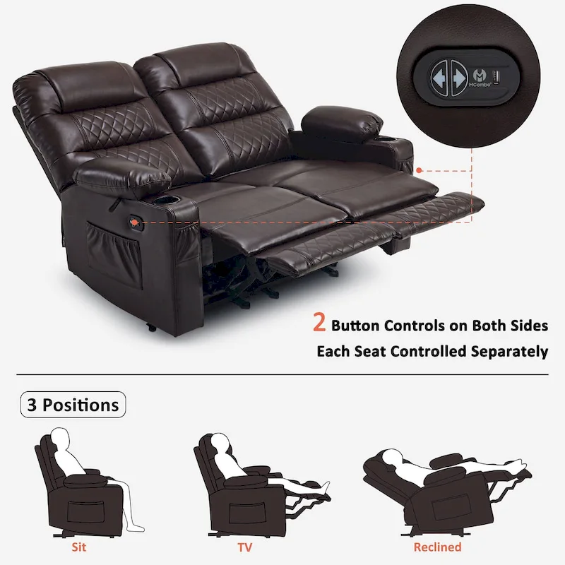 Power Recliner Loveseat, Saddle/Dark Brown/Light Grey, Heat & Massage, Seats 2