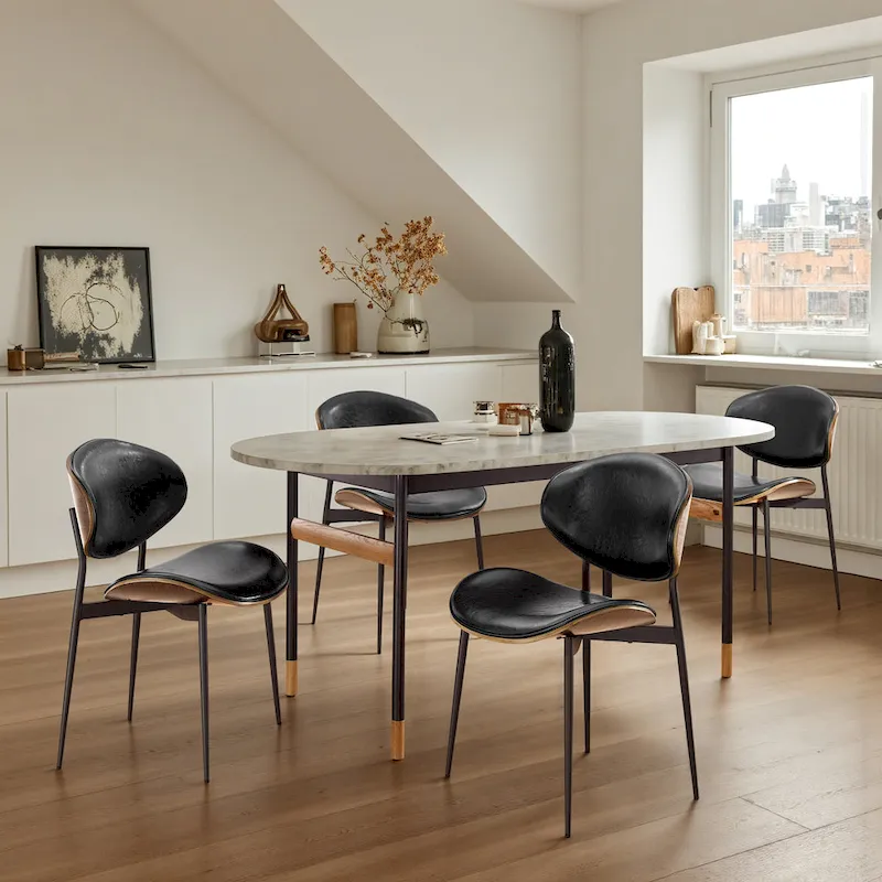 Set of 4 Mid-century Wood and Faux Leather Dining Chairs