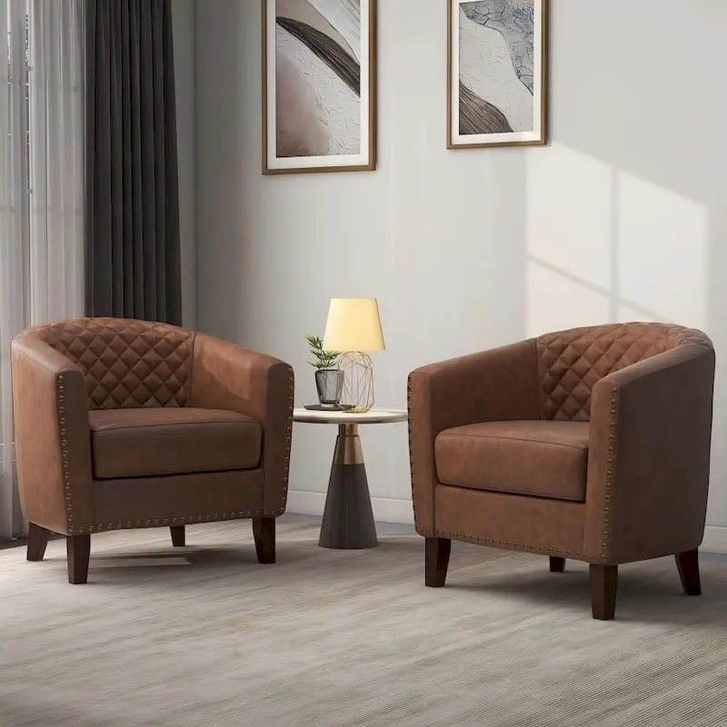 2 Set Vegan Leather Barrel Accent Chairs with Nailheads Trim
