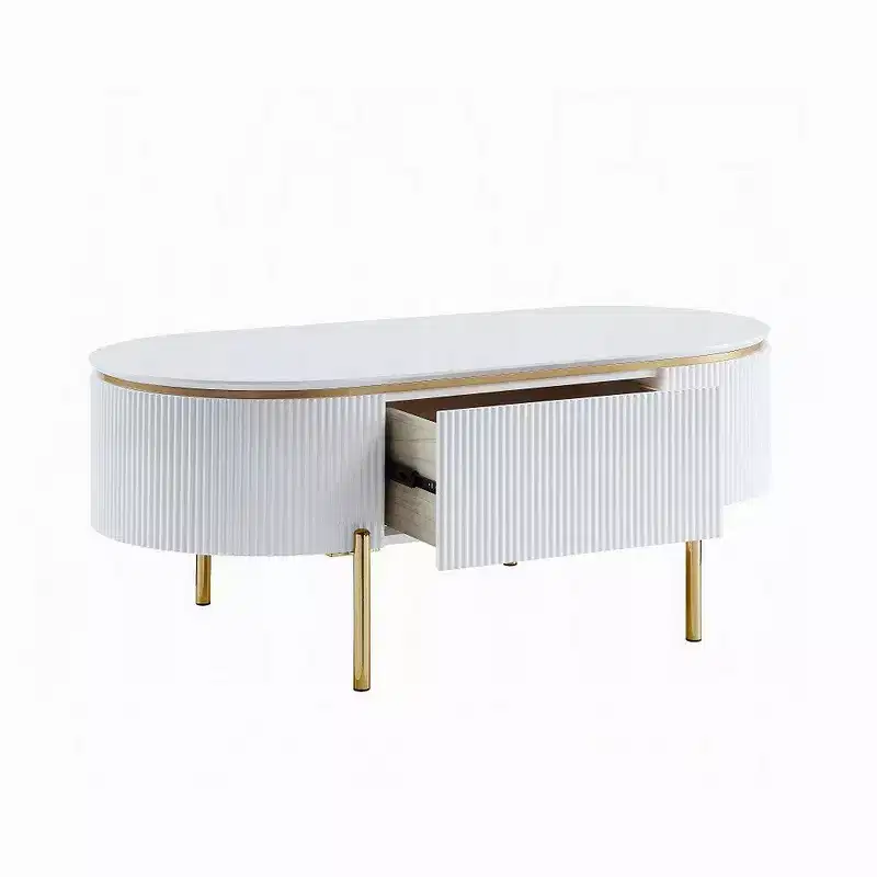Royal Hampton Oval Coffee Table with Drawer, 47 Inch, Glossy White, Gold Metal
