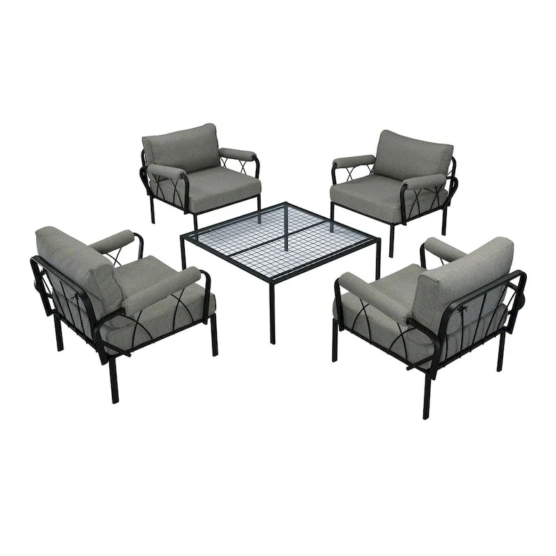 Patio Furniture Set: Armless Chair, Arm Chair, and Ottoman in Gray Fabric & Black Finish