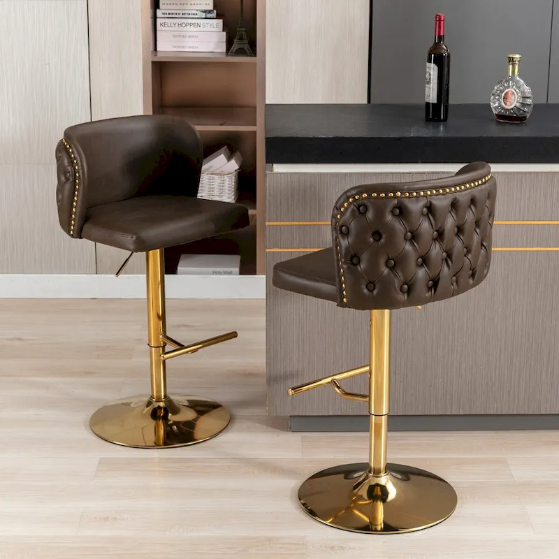 Set of 2 Swivel Adjustable Bar Stools with Tufted Back
